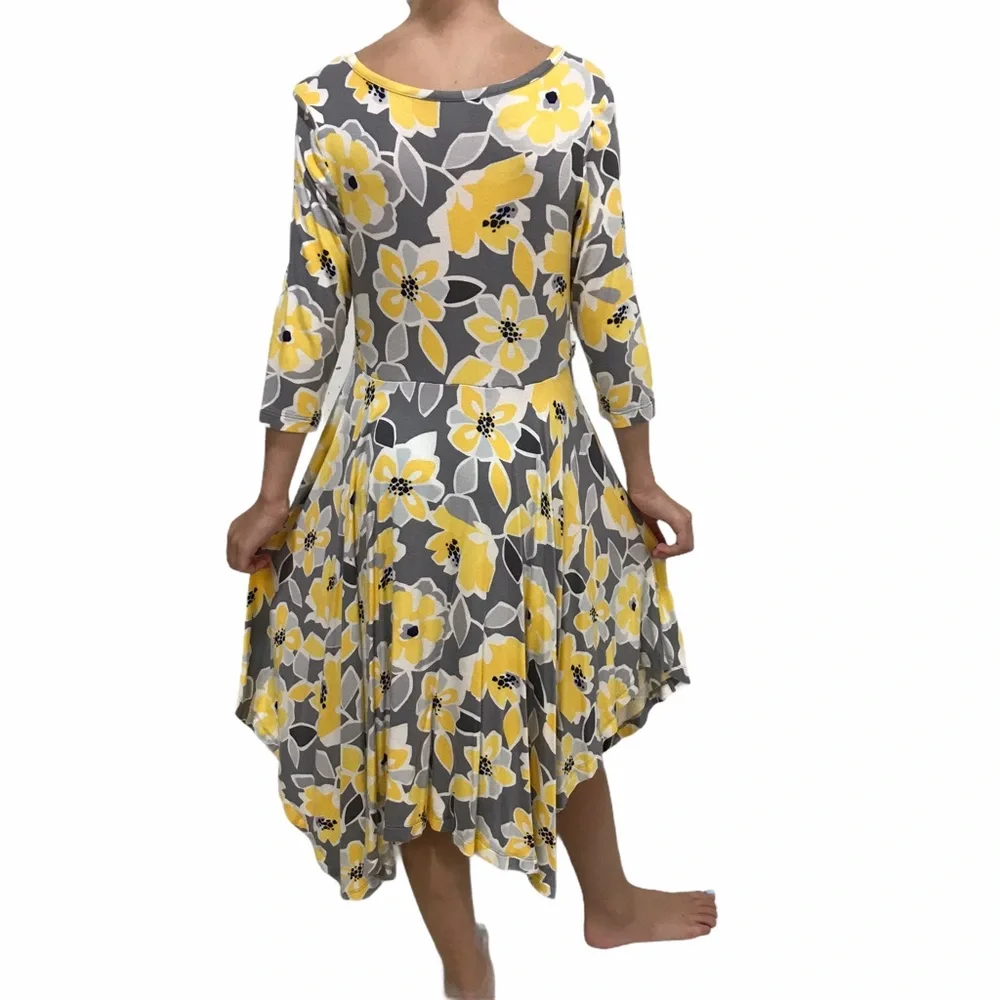 GYMBOREE Maxi Dress Size 6 A-Symmetrical Yellow Gray Floral 3/4 Sleeve